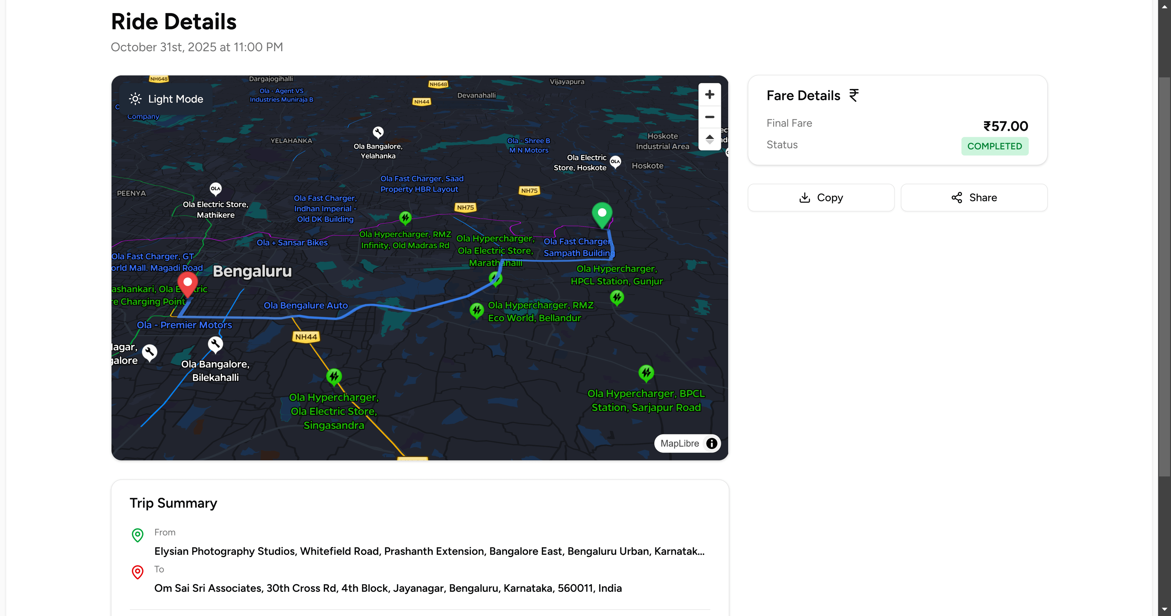 Ride Details page with map